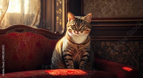 Wallpaper Mural Striped tabby cat sitting on a classic red velvet sofa, illuminated by warm sunlight from a window. Torontodigital.ca