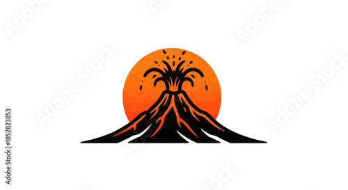 Volcano eruption silhouette against orange sun creative vector illustration