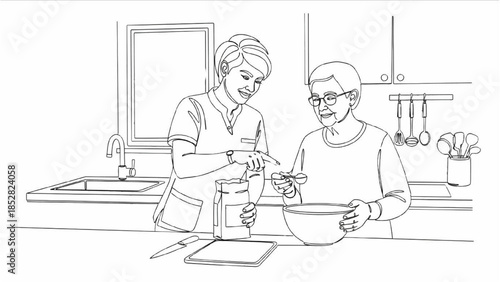 High-quality black continuous line art of therapist guiding senior in kitchen-based daily task training, occupational therapy, rehabilitation, elderly care, healthcare wellness illustration