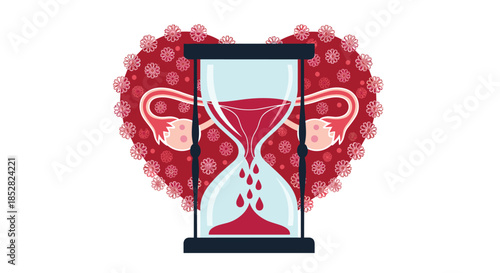 Hourglass with female reproductive organs inside a heart shape surrounded by coronavirus molecules symbolizing time and health risks.