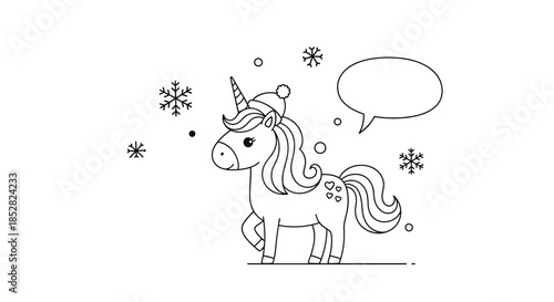 Cute unicorn character wearing a winter hat surrounded by snowflakes and a speech bubble in a black and white coloring book style.