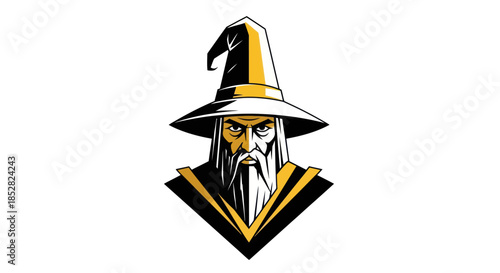 Wise wizard illustration in gold and black vector on white background