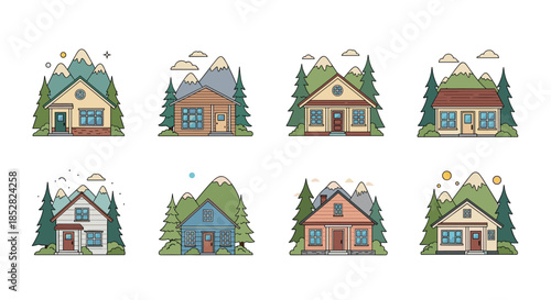 Charming collection of small colorful wooden houses situated in front of green pine trees and snow capped mountains.