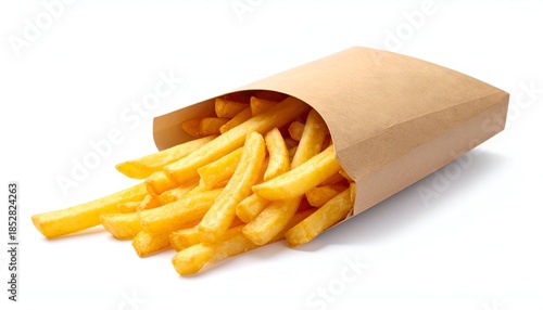Golden, crispy fried potatoes spill from a brown paper container, white background