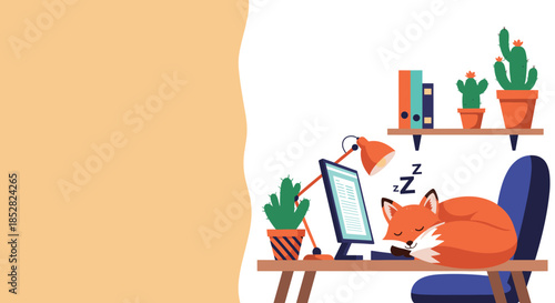 Adorable red fox sleeping on a desk in front of a computer monitor in a cozy home office environment with plants.
