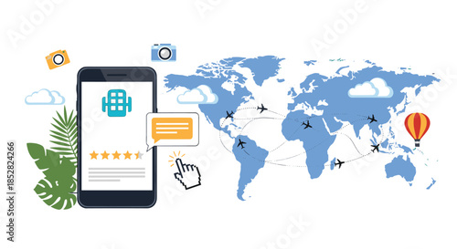 Mobile phone screen with a hotel icon and rating stars next to a world map with airplane flight paths for travel booking.