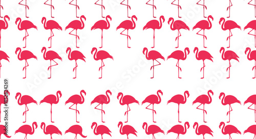 Seamless repetitive pattern featuring pink flamingo silhouettes in different standing poses against a clean white background.
