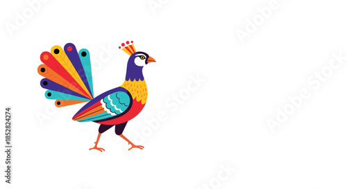 Vibrant and decorative peacock bird illustration with a multi colored tail and patterned body standing on a white background.