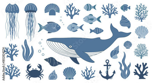 Large set of blue sea life silhouettes including a whale, jellyfish, fish, crab, coral, seashells, and an anchor.