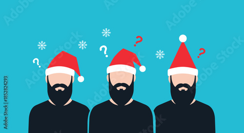 Three identical bearded men wearing red Santa Claus hats with question marks and snowflakes on a blue background.