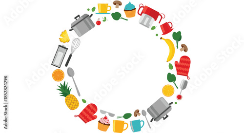 Circular frame composed of various kitchen utensils, fruits, vegetables, and baked goods for a cooking or food theme.