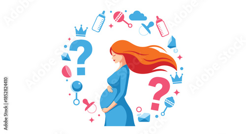 Pregnancy and motherhood concept showing a pregnant woman surrounded by baby icons, question marks, and parenting accessories.