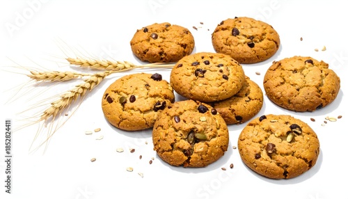 Golden cookies with chocolate chips and grains, alongside wheat stalks, against white