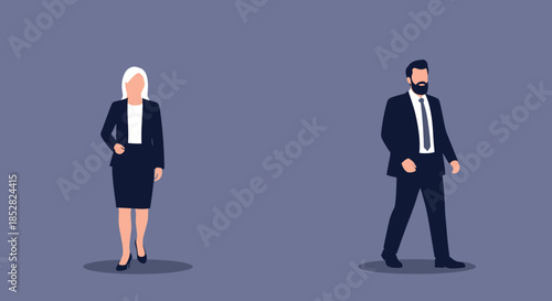 Professional business people in suits walking separately against a dark blue background representing corporate life and career.