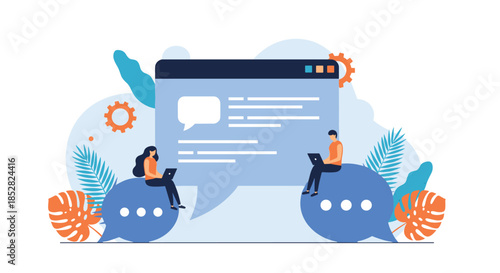 Digital communication and social media interaction concept with people sitting on large chat bubbles next to a web interface.