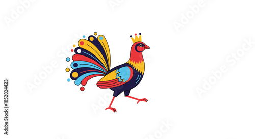 Proud colorful rooster character wearing a golden crown representing victory, leadership, and barnyard animal mascot design.