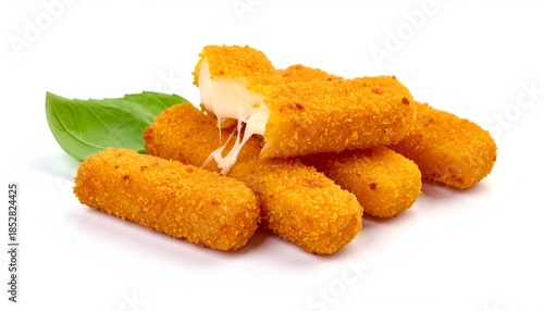 Golden, crispy fried cheese sticks with melted cheese spilling out. Basil leaf beside