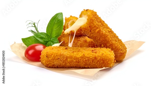 Golden, crispy fried cheese sticks with oozing melted cheese, herbs, and a tomato