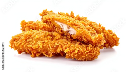 Golden, crispy fried chicken strips, stacked on a white surface, one cut open