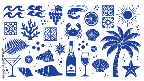 Collection of summer and beach elements in blue Vector, illustration