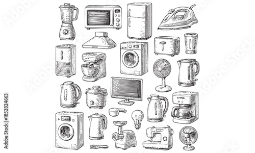 Home Appliances Kitchen Household Icons Set - Fridge Oven Washer Vector Pack