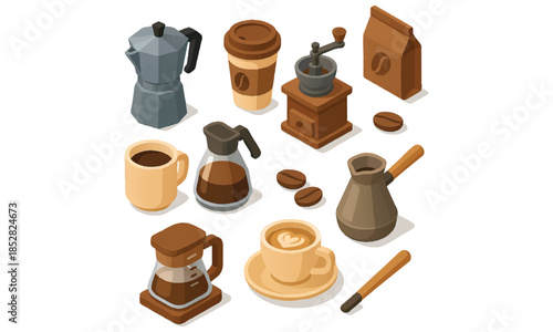 Isometric Coffee Icons Set - Moka Pot Grinder Pour Over Beans Vector Pack
