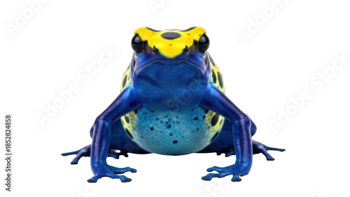 Dyeing poison frog isolated PNG on transparent background, vibrant blue and yellow amphibian with black spots, exotic pet