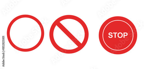 Red stop sign vector icon, featuring a set of red stop signs, stop hands, cross and forbidden symbols, perfect for traffic safety, prohibition, warning alerts, road signage, and vector illustrations