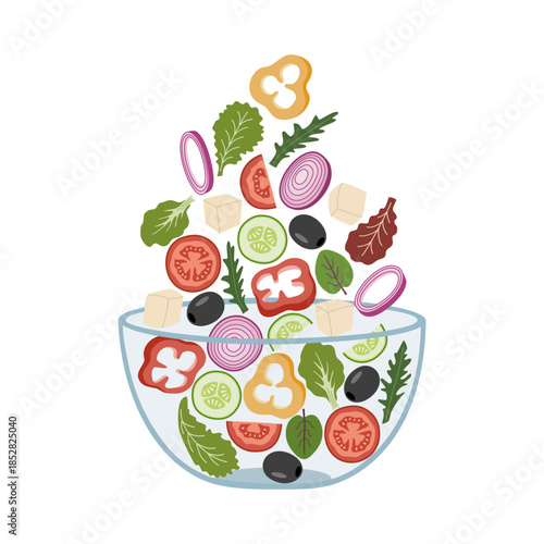 Vegetables falling in a bowl. Flying red tomato, onion, pepper, cucumber, lettuce leaves, arugula. Preparing salad. Hand drawn vector illustration isolated on white background, flat cartoon style.