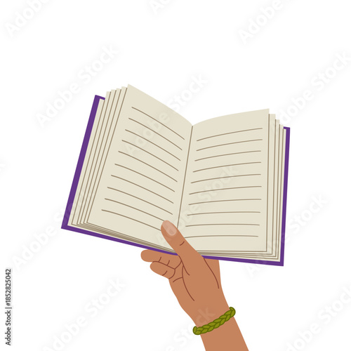 An open book in hand. Concept of education, knowledge. Recommending literature to read. Hand drawn vector illustration isolated on white background, flat cartoon style.