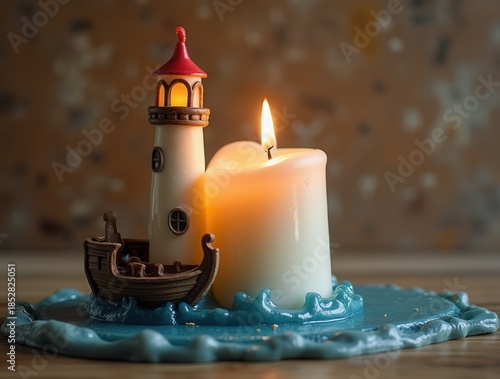 Candle illuminating miniature lighthouse and viking ship on sea waves