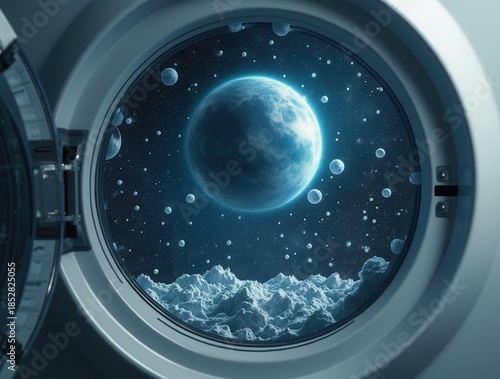 Spaceship window revealing icy mountains and planets in space