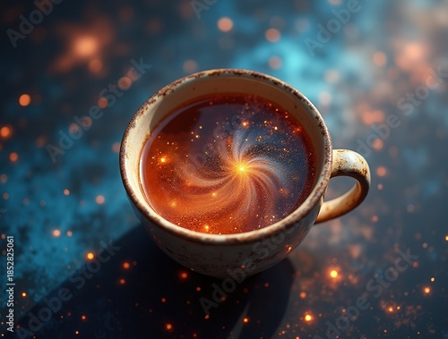 Swirling galaxy inside a coffee cup on a sparkling surface