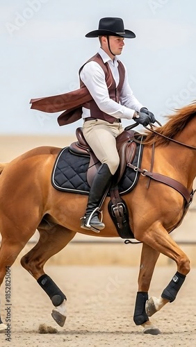 Man riding horse in equestrian competition.