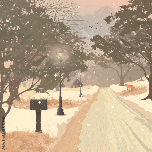 Local road with old mailbox and vintage lighting poles at countryside landscape in autumn season