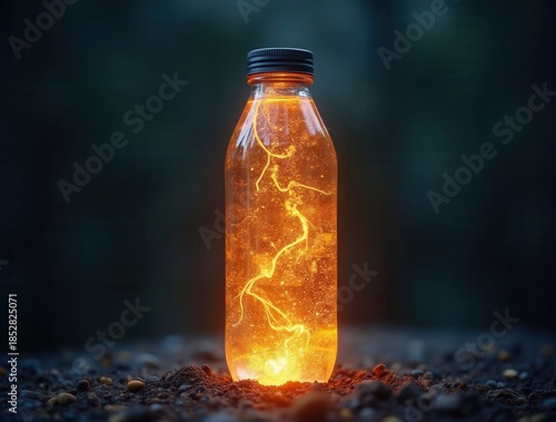 Glowing magic potion in a glass bottle on the ground