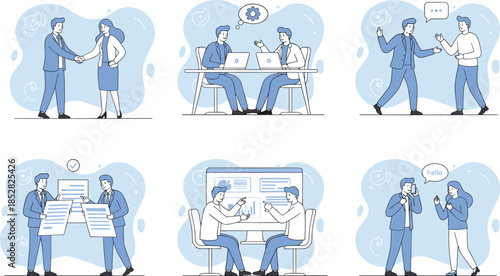 Business people collaboration vector illustration set showing teamwork meeting discussion agreement communication office workflow modern flat design