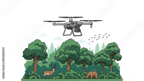 Drone flying over forest with deer and bear