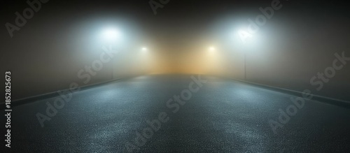 Wallpaper Mural Empty Night Road with Streetlights Disappearing into Thick Fog on Wet Asphalt Torontodigital.ca