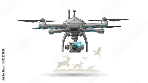 Drone hovers above silhouettes of deer and birds on grass