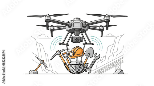 Drone hovers over mining tools and a hard hat in a rocky landscape