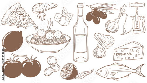 Delicious food ingredients and wine bottle illustration Vector, illustration
