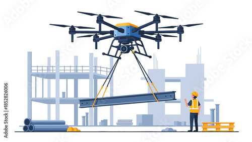 Drone lifting beam at construction site with worker