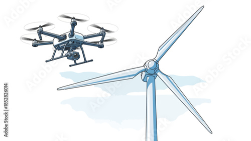 Drone inspects wind turbine blades against a cloudy sky