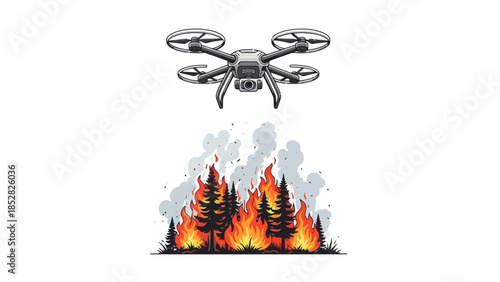 Drone monitors a forest fire with flames and smoke