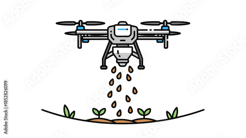 Drone scattering seeds over a field with seedlings