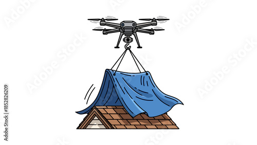 Drone suspending a blue tarp over a brown shingled roof