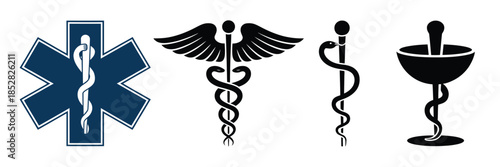 Medical symbols vector collection including caduceus, rod of asclepius and bowl of hygieia, ideal for healthcare graphics, hospital signage, pharmacy design, educational illustrations 