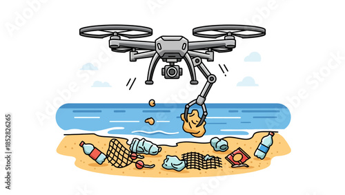 Drone with gripper collects trash on a polluted beach