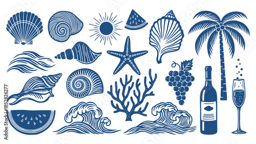 Collection of summer beach elements with wine and fruits Vector, illustration